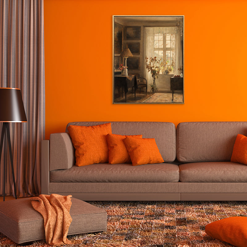 Frendorf | Braune Fensterlandschaft Kunstdruck Rustikaler Texturierter Eingewickelter Canvas für Esszimmer (Mehrere Größenoptionen)