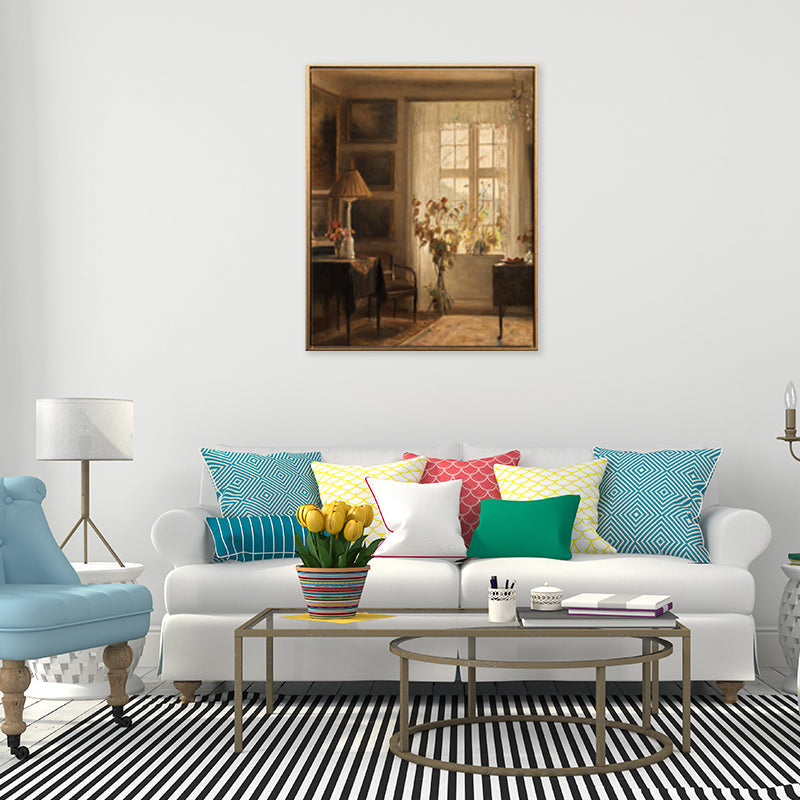 Frendorf | Braune Fensterlandschaft Kunstdruck Rustikaler Texturierter Eingewickelter Canvas für Esszimmer (Mehrere Größenoptionen)