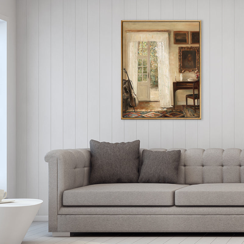 Frendorf | Braune Fensterlandschaft Kunstdruck Rustikaler Texturierter Eingewickelter Canvas für Esszimmer (Mehrere Größenoptionen)
