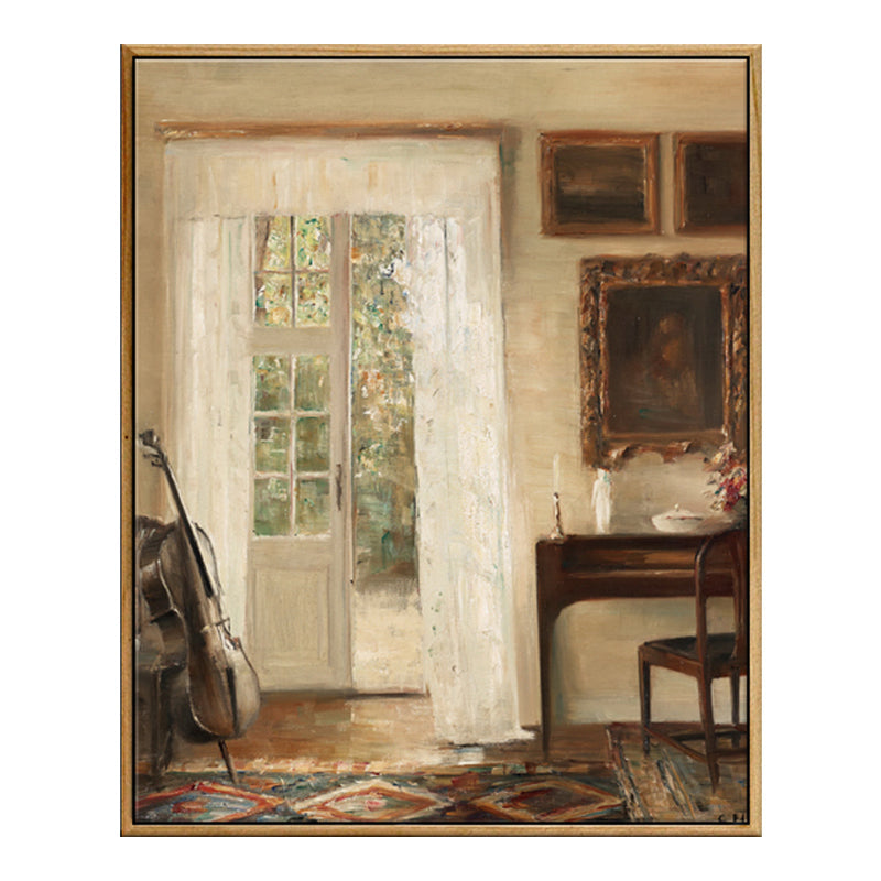 Frendorf | Braune Fensterlandschaft Kunstdruck Rustikaler Texturierter Eingewickelter Canvas für Esszimmer (Mehrere Größenoptionen)