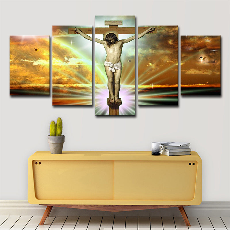 Frendorf | Global Inspirierte Religion Wandkunst Gelber Jesus am Kreuz mit Sonnenlicht Hintergrund Leinwand