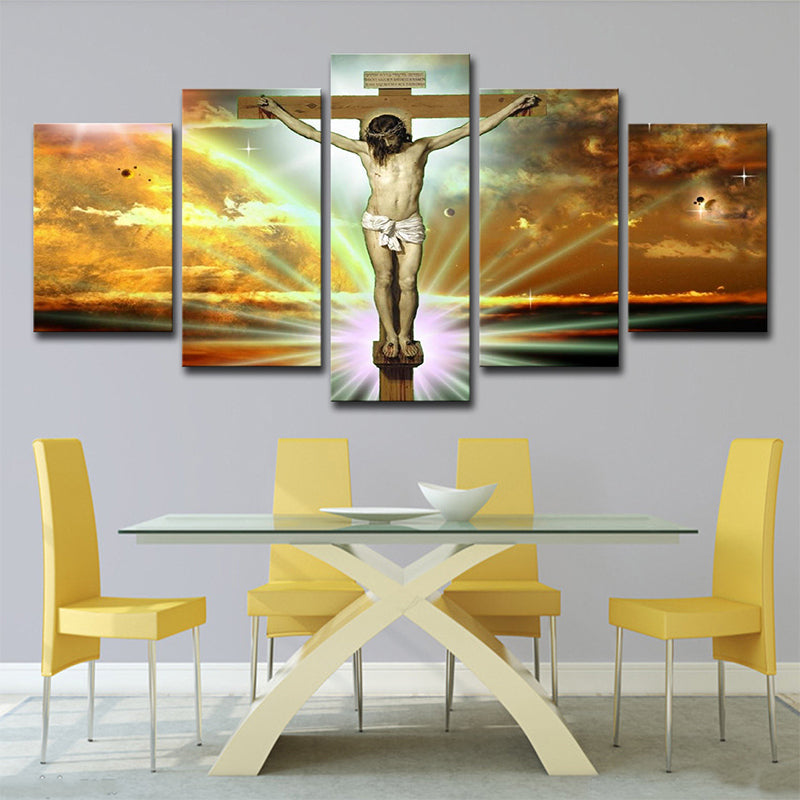 Frendorf | Global Inspirierte Religion Wandkunst Gelber Jesus am Kreuz mit Sonnenlicht Hintergrund Leinwand