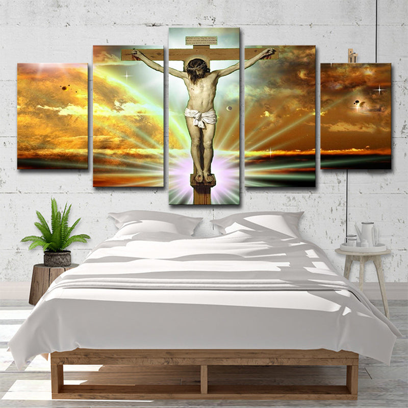 Frendorf | Global Inspirierte Religion Wandkunst Gelber Jesus am Kreuz mit Sonnenlicht Hintergrund Leinwand