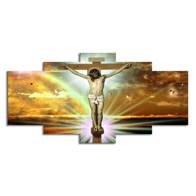 Frendorf | Global Inspirierte Religion Wandkunst Gelber Jesus am Kreuz mit Sonnenlicht Hintergrund Leinwand