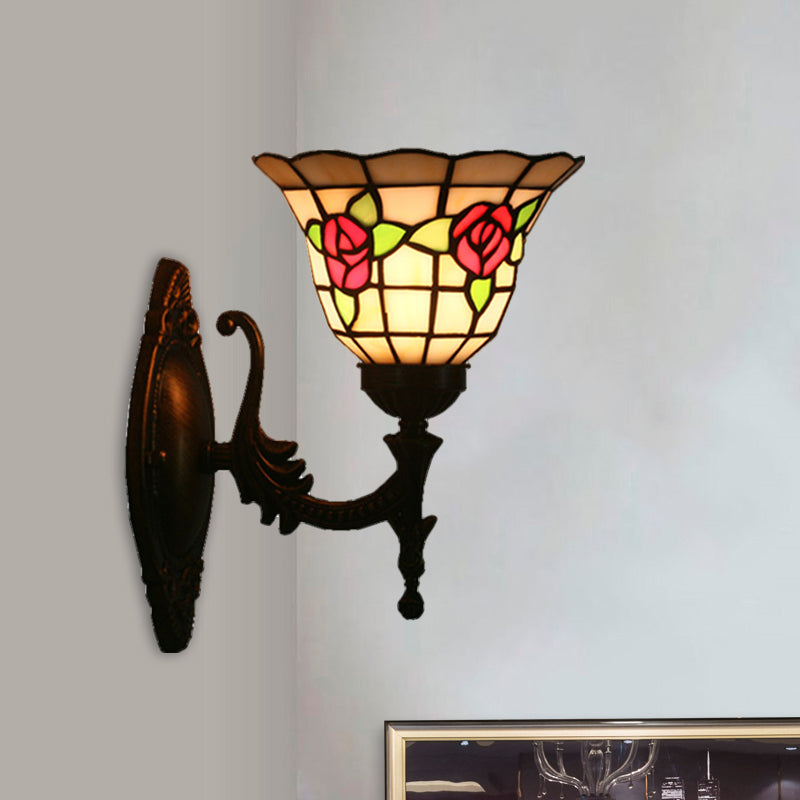 Frendorf | Flared Wandlamp Sconces 1 Bulb Geëtst Glas Tiffany Stijl Wand Gemonteerde Lamp in Rood/Roze/Blauw met Bloemmotief