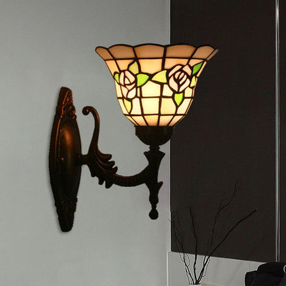 Frendorf | Flared Wandlamp Sconces 1 Bulb Geëtst Glas Tiffany Stijl Wand Gemonteerde Lamp in Rood/Roze/Blauw met Bloemmotief