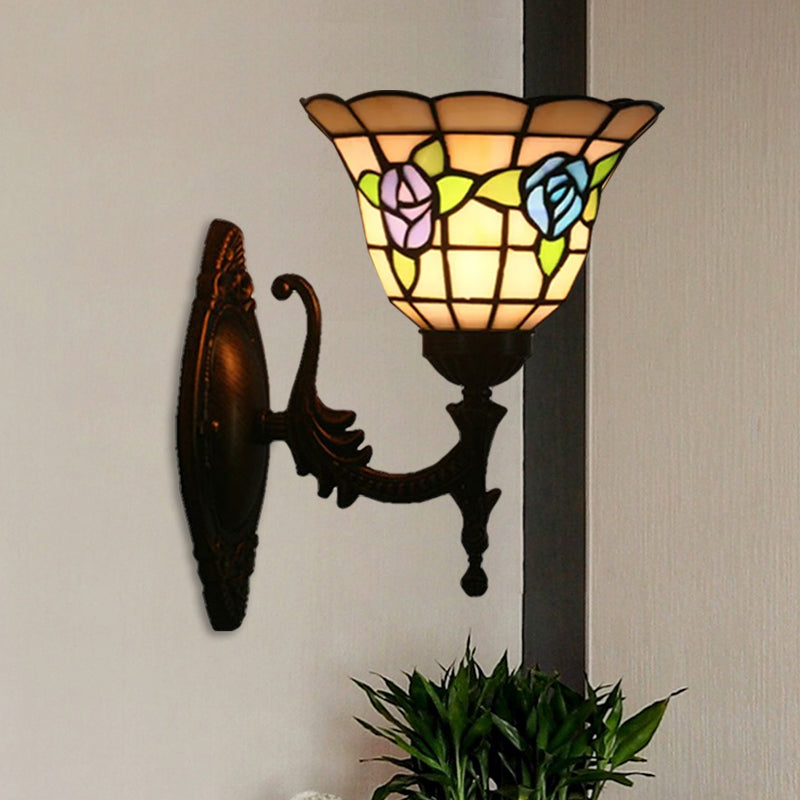 Frendorf | Flared Wandlamp Sconces 1 Bulb Geëtst Glas Tiffany Stijl Wand Gemonteerde Lamp in Rood/Roze/Blauw met Bloemmotief