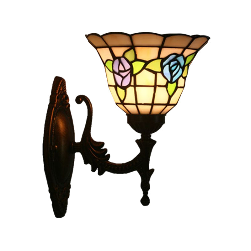 Frendorf | Flared Wandlamp Sconces 1 Bulb Geëtst Glas Tiffany Stijl Wand Gemonteerde Lamp in Rood/Roze/Blauw met Bloemmotief