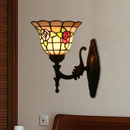 Frendorf | Flared Wandlamp Sconces 1 Bulb Geëtst Glas Tiffany Stijl Wand Gemonteerde Lamp in Rood/Roze/Blauw met Bloemmotief