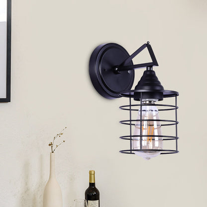 Frendorf | Metaal Cilindrisch Frame Wandlamp Boerderij 1 Peertje Eetkamer Wandgemonteerde Lamp in Zwart
