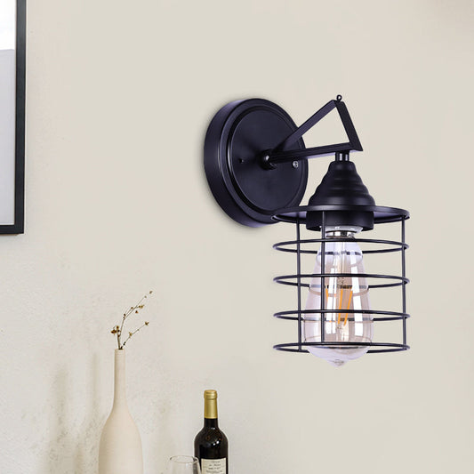 Frendorf | Metaal Cilindrisch Frame Wandlamp Boerderij 1 Peertje Eetkamer Wandgemonteerde Lamp in Zwart