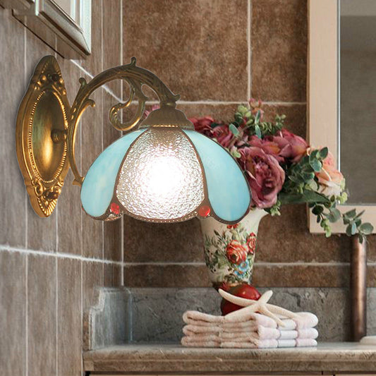 Frendorf | Florale Wandleuchte Buntglas 1 Licht Tiffany Stil Wandlampe in Blau/Beige für Schlafzimmer