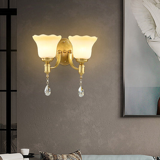Frendorf | Blossom Opake Glas Wandlamp Retro Stijl 1/2-Kop Gouden Wandverlichting Ideeën met Kristal Druppel