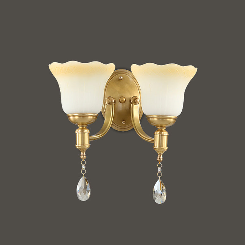Frendorf | Blossom Opake Glas Wandlamp Retro Stijl 1/2-Kop Gouden Wandverlichting Ideeën met Kristal Druppel