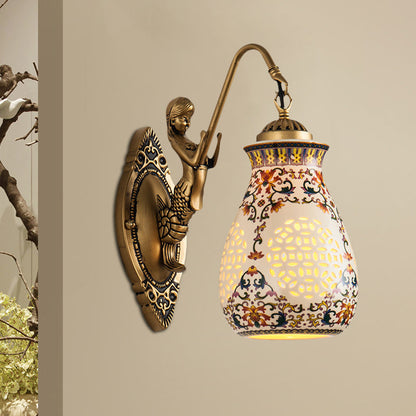Frendorf | Keramische Antieke Messing Wandverlichting Gepiercte Pot 1/2-Kop Traditioneel Patroon Wandlamp met Klein Zeemeermin Ontwerp