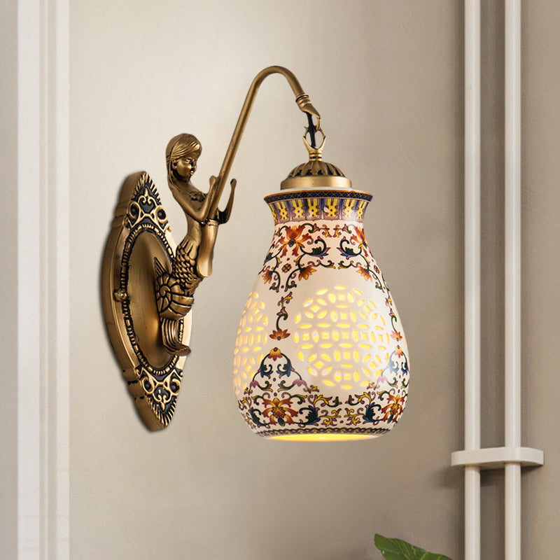 Frendorf | Keramische Antieke Messing Wandverlichting Gepiercte Pot 1/2-Kop Traditioneel Patroon Wandlamp met Klein Zeemeermin Ontwerp