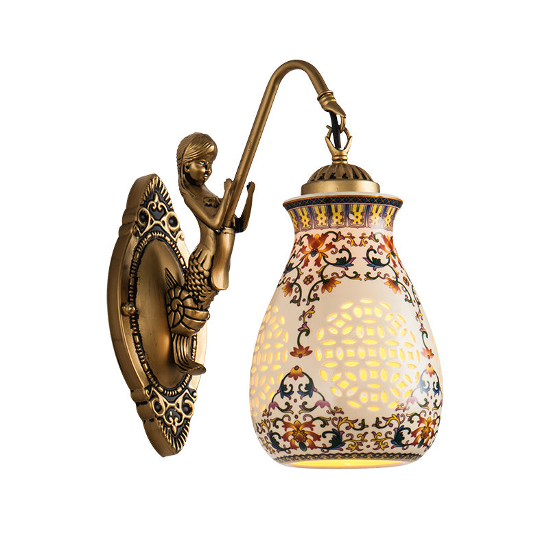 Frendorf | Keramische Antieke Messing Wandverlichting Gepiercte Pot 1/2-Kop Traditioneel Patroon Wandlamp met Klein Zeemeermin Ontwerp