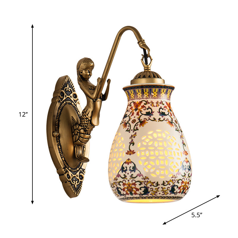 Frendorf | Keramische Antieke Messing Wandverlichting Gepiercte Pot 1/2-Kop Traditioneel Patroon Wandlamp met Klein Zeemeermin Ontwerp