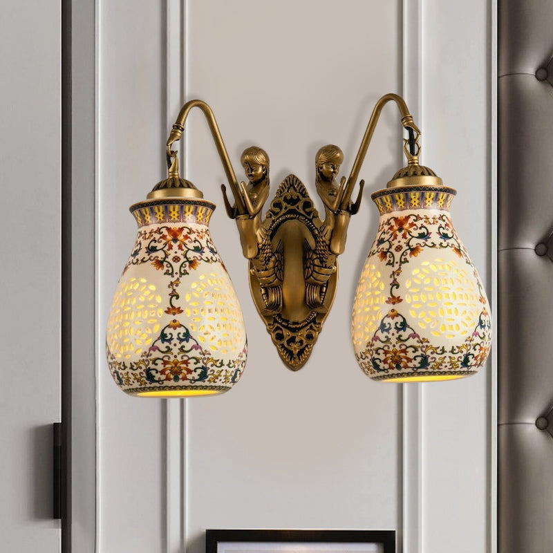 Frendorf | Keramische Antieke Messing Wandverlichting Gepiercte Pot 1/2-Kop Traditioneel Patroon Wandlamp met Klein Zeemeermin Ontwerp