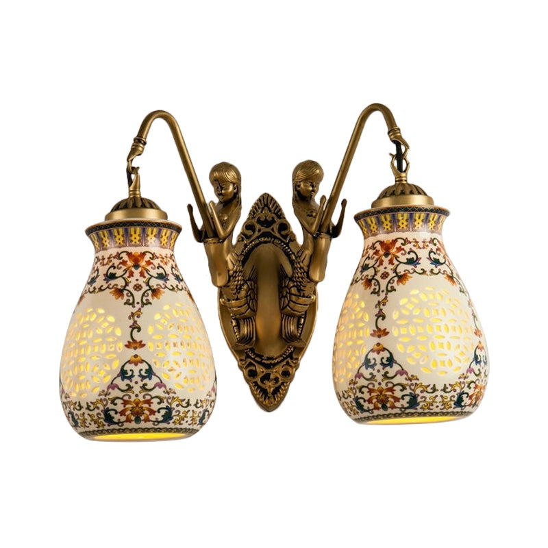 Frendorf | Keramische Antieke Messing Wandverlichting Gepiercte Pot 1/2-Kop Traditioneel Patroon Wandlamp met Klein Zeemeermin Ontwerp