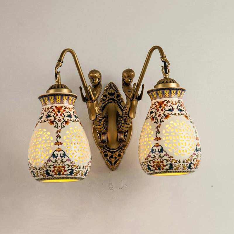 Frendorf | Keramische Antieke Messing Wandverlichting Gepiercte Pot 1/2-Kop Traditioneel Patroon Wandlamp met Klein Zeemeermin Ontwerp