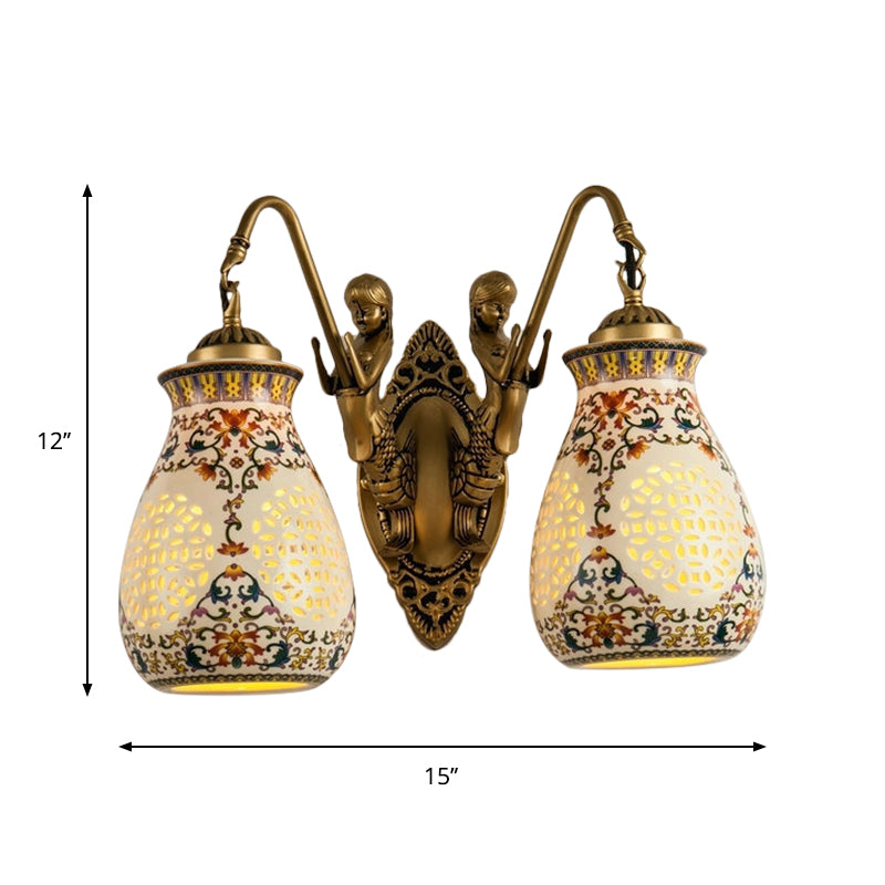 Frendorf | Keramische Antieke Messing Wandverlichting Gepiercte Pot 1/2-Kop Traditioneel Patroon Wandlamp met Klein Zeemeermin Ontwerp
