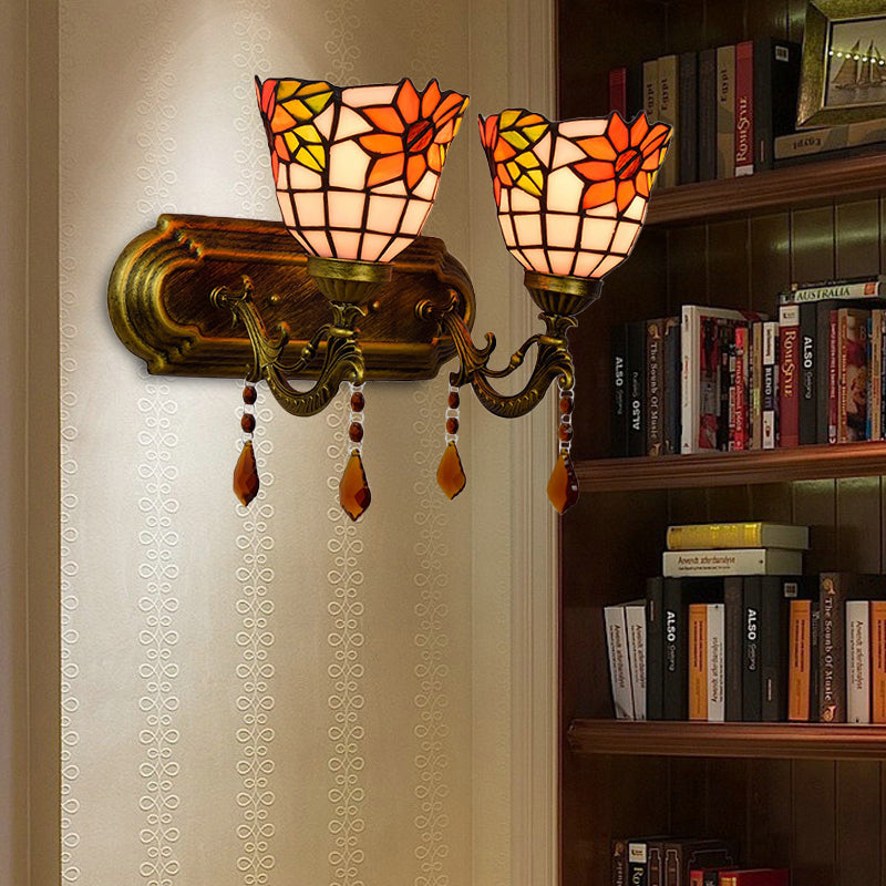 Frendorf | 2 Lichter Schalen Wand Scone Beleuchtung Tiffany Buntglas Wandbeleuchtung mit Kristall in Rosa/Braun/Orange