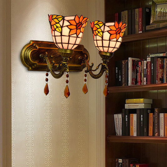 Frendorf | 2 Lichter Schalen Wand Scone Beleuchtung Tiffany Buntglas Wandbeleuchtung mit Kristall in Rosa/Braun/Orange