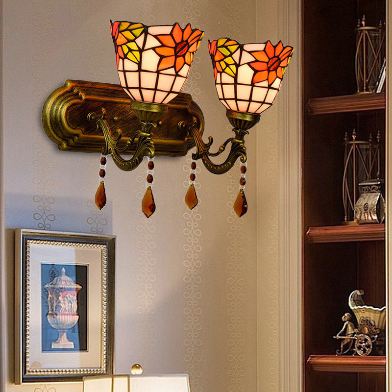 Frendorf | 2 Lichter Schalen Wand Scone Beleuchtung Tiffany Buntglas Wandbeleuchtung mit Kristall in Rosa/Braun/Orange