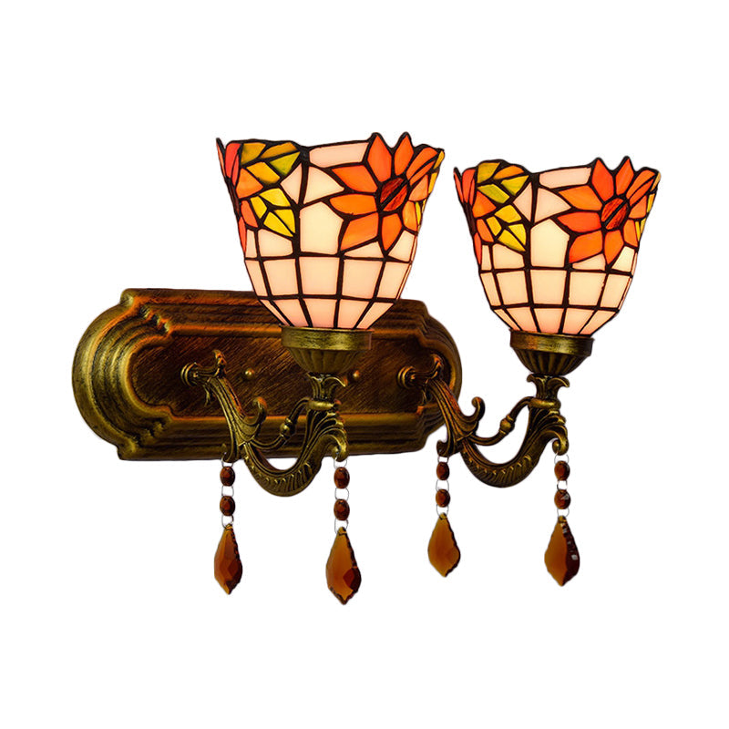 Frendorf | 2 Lichter Schalen Wand Scone Beleuchtung Tiffany Buntglas Wandbeleuchtung mit Kristall in Rosa/Braun/Orange