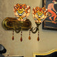 Frendorf | 2 Lichter Schalen Wand Scone Beleuchtung Tiffany Buntglas Wandbeleuchtung mit Kristall in Rosa/Braun/Orange