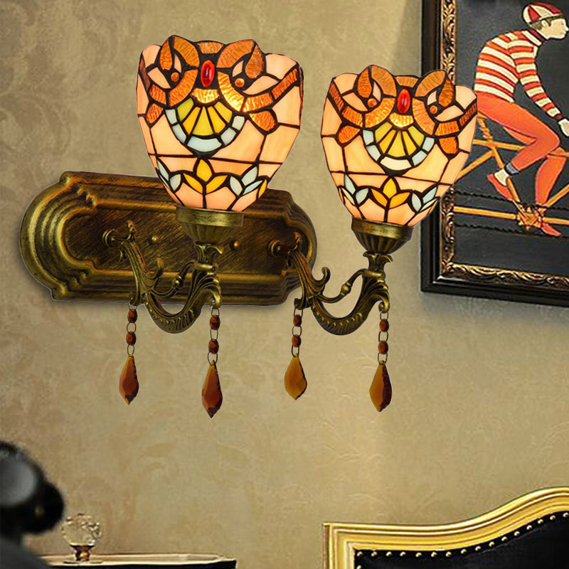 Frendorf | 2 Lichter Schalen Wand Scone Beleuchtung Tiffany Buntglas Wandbeleuchtung mit Kristall in Rosa/Braun/Orange
