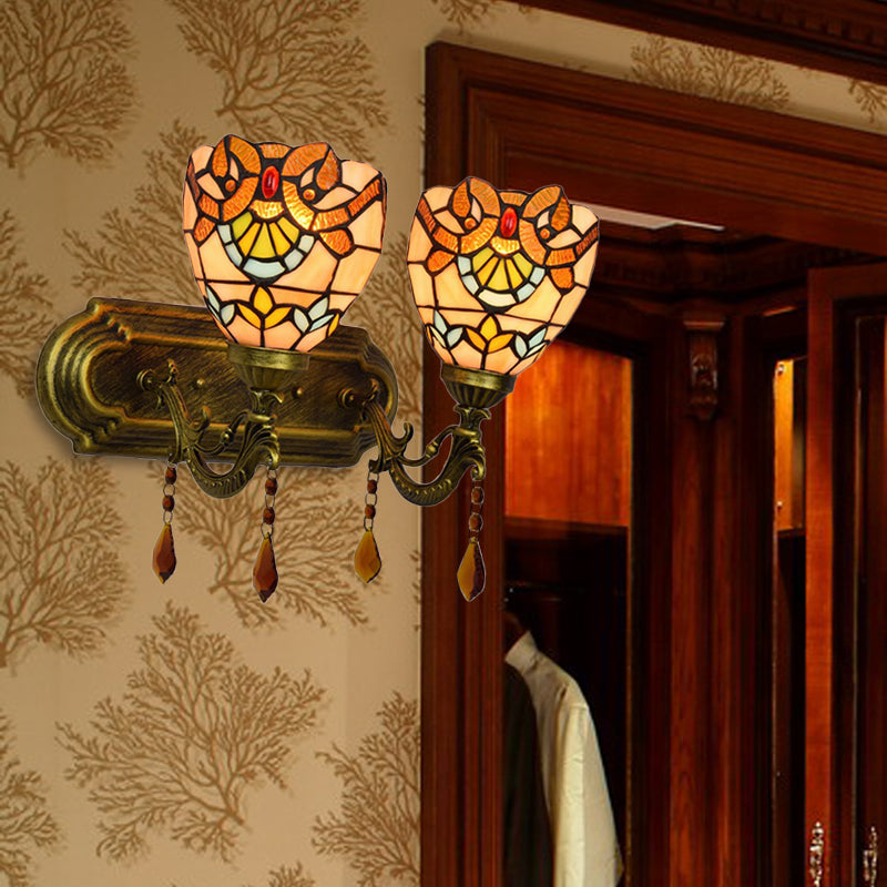 Frendorf | 2 Lichter Schalen Wand Scone Beleuchtung Tiffany Buntglas Wandbeleuchtung mit Kristall in Rosa/Braun/Orange