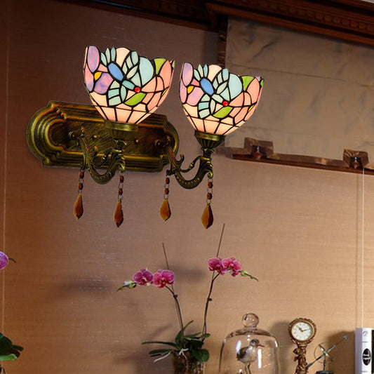Frendorf | 2 Lichter Schalen Wand Scone Beleuchtung Tiffany Buntglas Wandbeleuchtung mit Kristall in Rosa/Braun/Orange