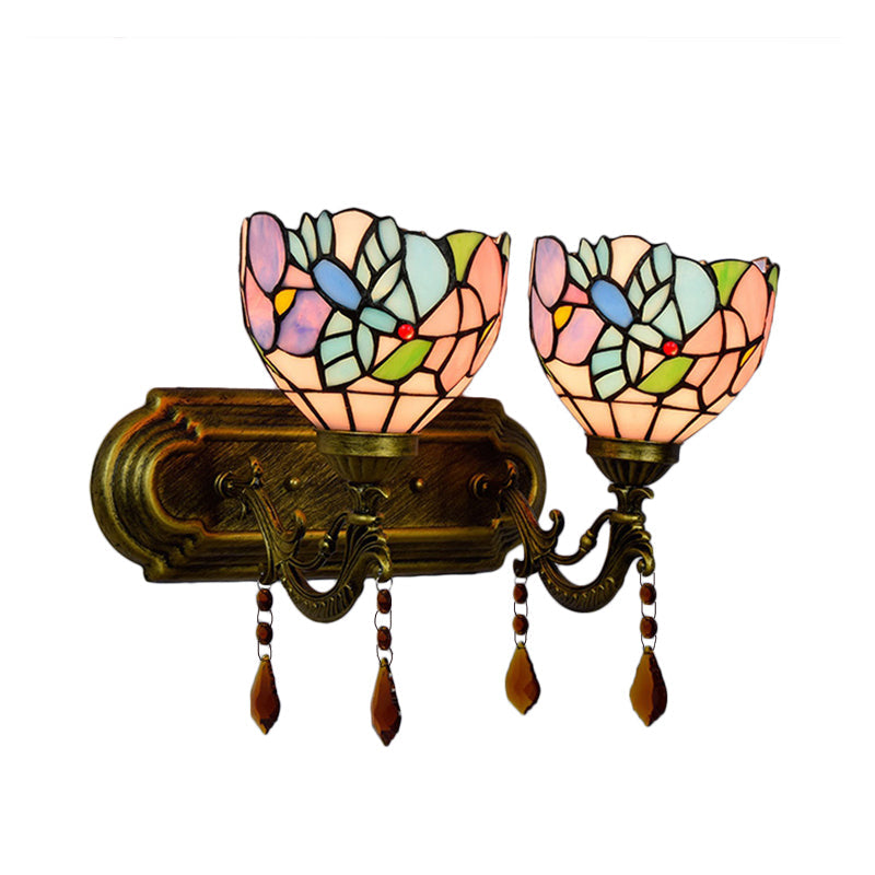 Frendorf | 2 Lichter Schalen Wand Scone Beleuchtung Tiffany Buntglas Wandbeleuchtung mit Kristall in Rosa/Braun/Orange