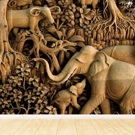 Gelb Elephant und Botanisches Wandgemälde zur Dekoration Tropisches Wohnzimmer Wandkunst