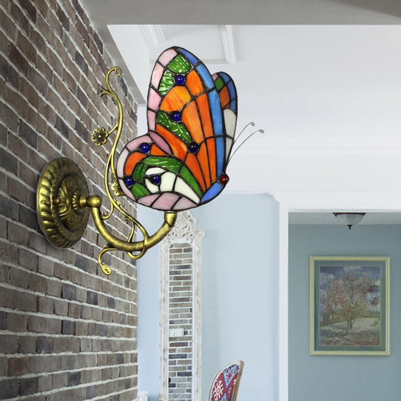 Frendorf | 1 Licht Mini Wandlamp met Vlinder Rustieke Loft Stijl Geel Glas Wandmontage Licht in Blauw/Oranje