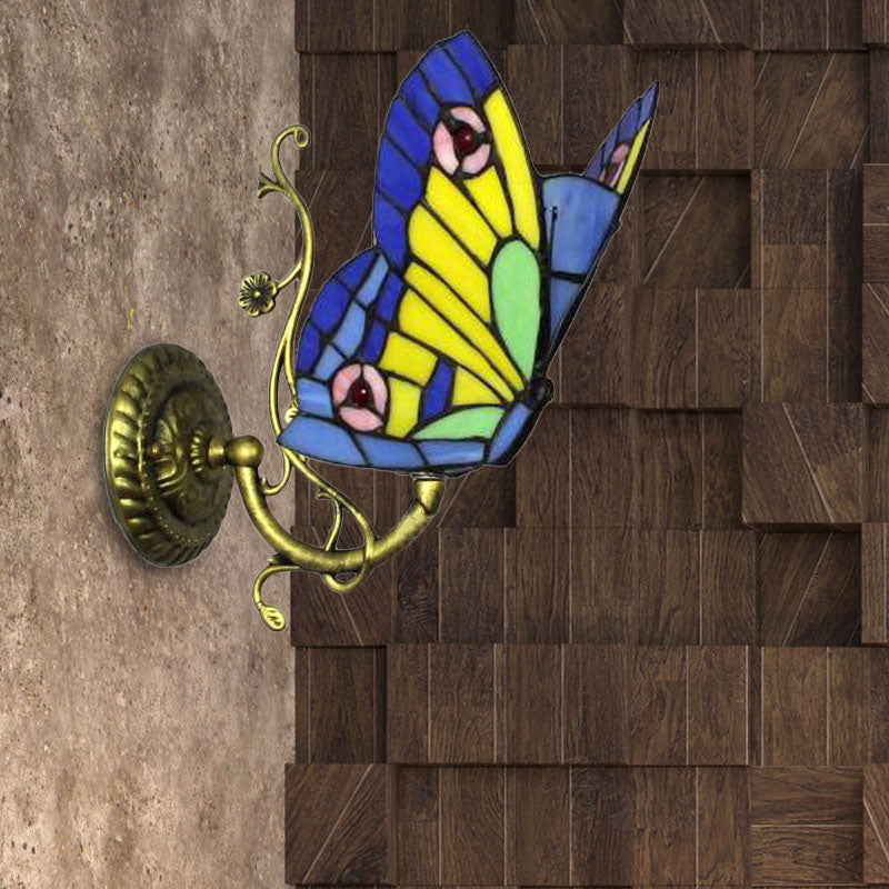 Frendorf | 1 Licht Mini Wandlamp met Vlinder Rustieke Loft Stijl Geel Glas Wandmontage Licht in Blauw/Oranje
