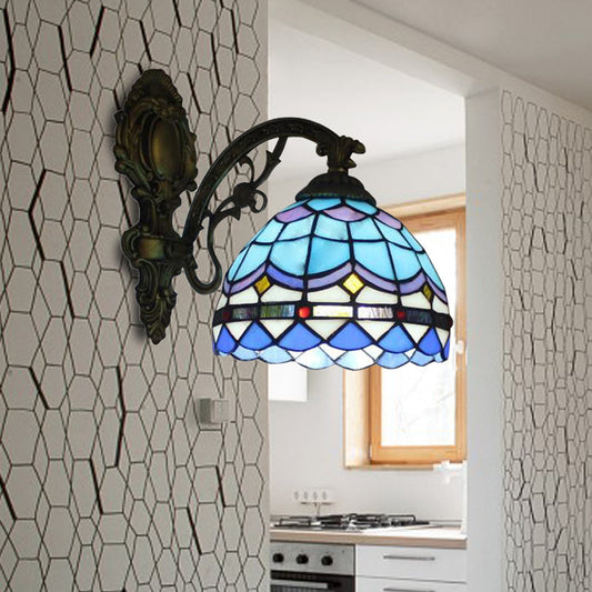 Frendorf | Dome Wandlicht Armatuur Barok Gekleurd Glas 1 Hoofds Wandmontage Licht in Blauw voor Slaapkamer