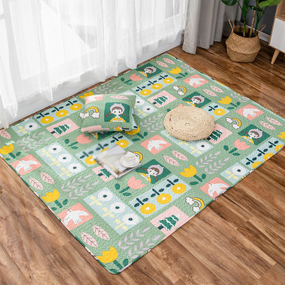 Frendorf | Kinderen Bloemenpatroon V-hals met Karakter Beige en Groen Katoen Rug Wasbaar Dierenvriendelijk Antislip Tapijt voor Kinderkamer
