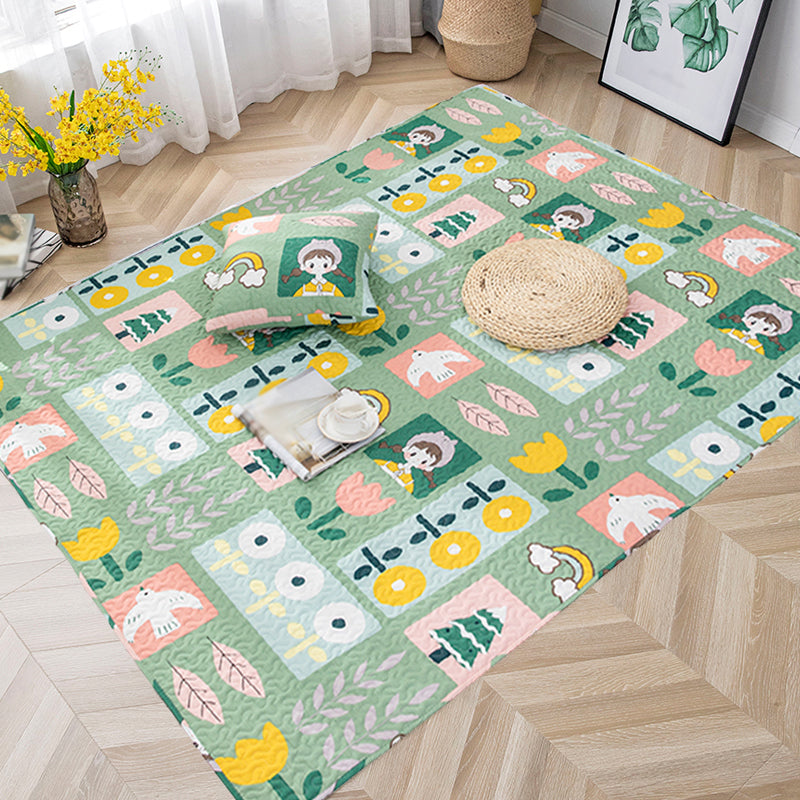 Frendorf | Kinderen Bloemenpatroon V-hals met Karakter Beige en Groen Katoen Rug Wasbaar Dierenvriendelijk Antislip Tapijt voor Kinderkamer