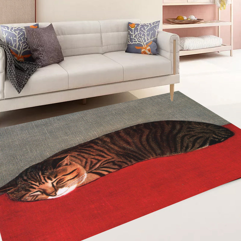 Frendorf | Nieuwheid Kat Patroon Tapijt Rood en Zwart Polyester Wasbaar Diervriendelijk Gebied Tapijt voor Decoratie
