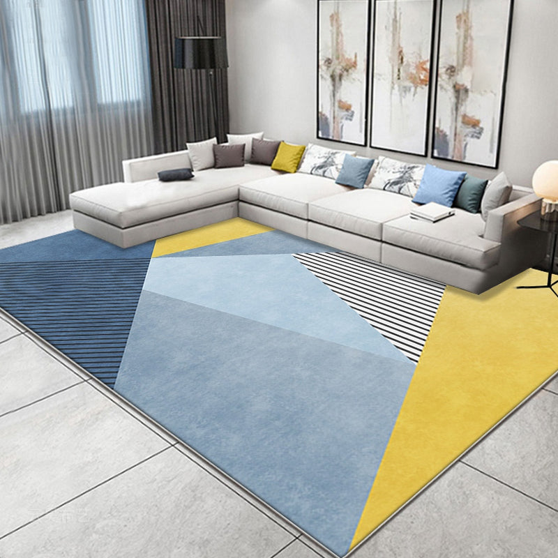 Frendorf | Einfacher Colorblock Teppich mit gestreiftem Muster Blau und Gelb Polyester Teppich Waschbar Haustierfreundlich Rutschfester Teppich für Wohnzimmer