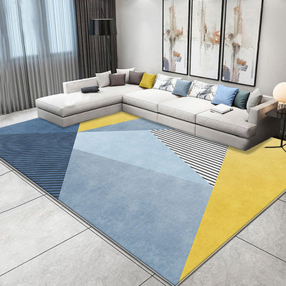 Frendorf | Einfacher Colorblock Teppich mit gestreiftem Muster Blau und Gelb Polyester Teppich Waschbar Haustierfreundlich Rutschfester Teppich für Wohnzimmer