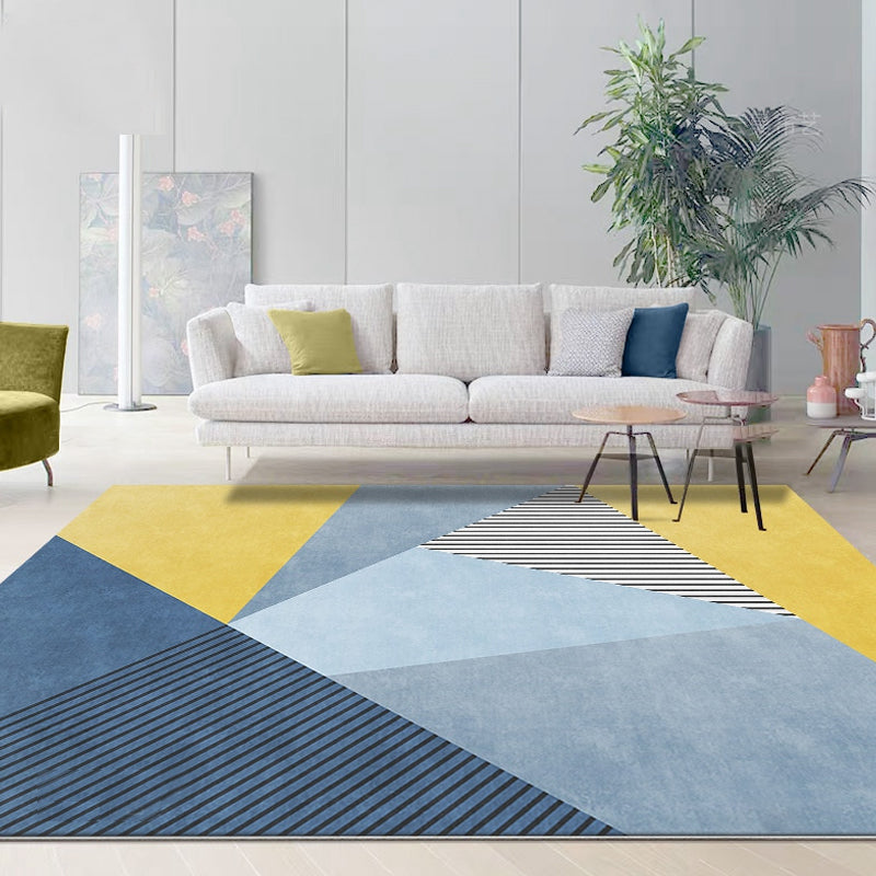 Frendorf | Einfacher Colorblock Teppich mit gestreiftem Muster Blau und Gelb Polyester Teppich Waschbar Haustierfreundlich Rutschfester Teppich für Wohnzimmer