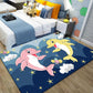 Kinder Cartoon Delfin Muster Teppich mit Stern Grün und Blau Polyester Teppich Waschbar Haustierfreundlich Rutschfester Teppich für das Kinderzimmer