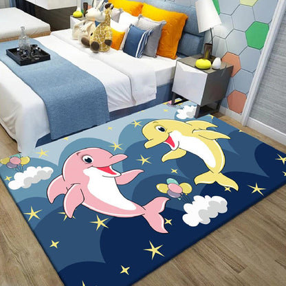 Frendorf | Kinderen Cartoon Dolfijn Patroon Tapijt met Ster Groen en Blauw Polyester Tapijt Wasbaar Huisdiervriendelijk Antislip Gebiedtapijt voor Kinderslaapkamer