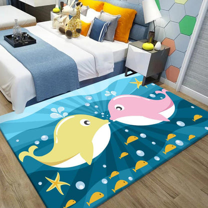 Kinder Cartoon Delfin Muster Teppich mit Stern Grün und Blau Polyester Teppich Waschbar Haustierfreundlich Rutschfester Teppich für das Kinderzimmer