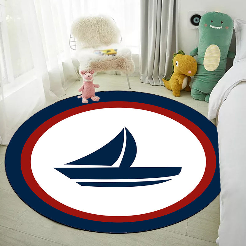 Einzigartiger Navigationsmuster-Teppich mit Schiff und Anker Blau und Weiß Kinderteppich Polyester Waschbar Haustierfreundlicher Anti-Rutsch-Teppich für das Kinderzimmer