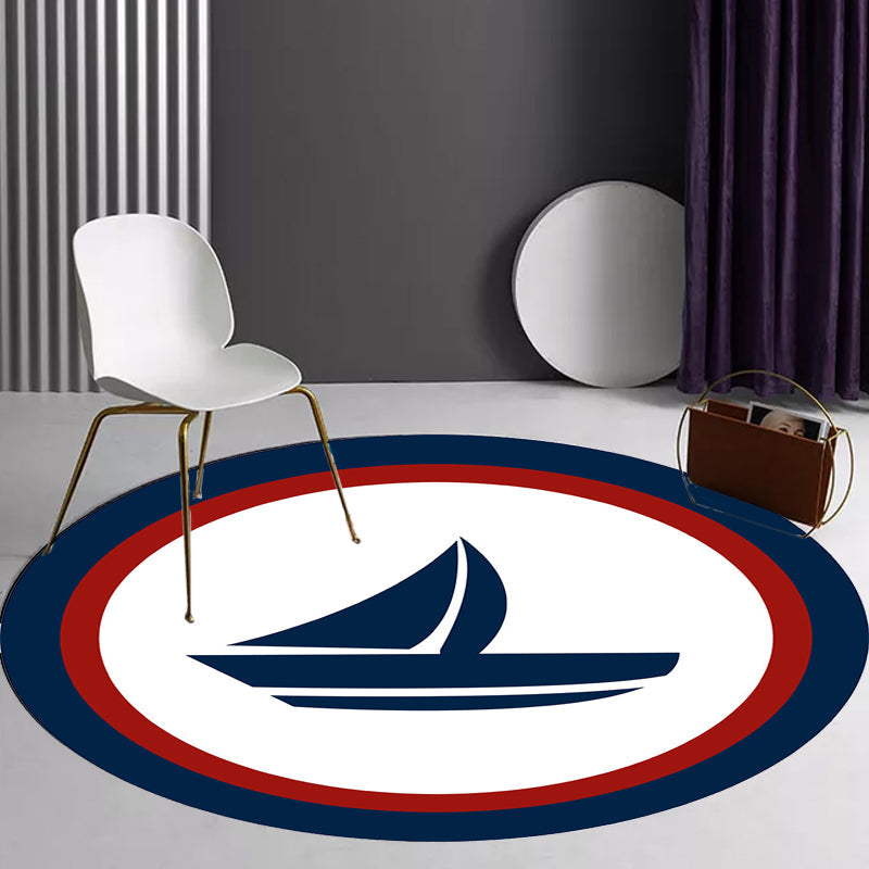Einzigartiger Navigationsmuster-Teppich mit Schiff und Anker Blau und Weiß Kinderteppich Polyester Waschbar Haustierfreundlicher Anti-Rutsch-Teppich für das Kinderzimmer